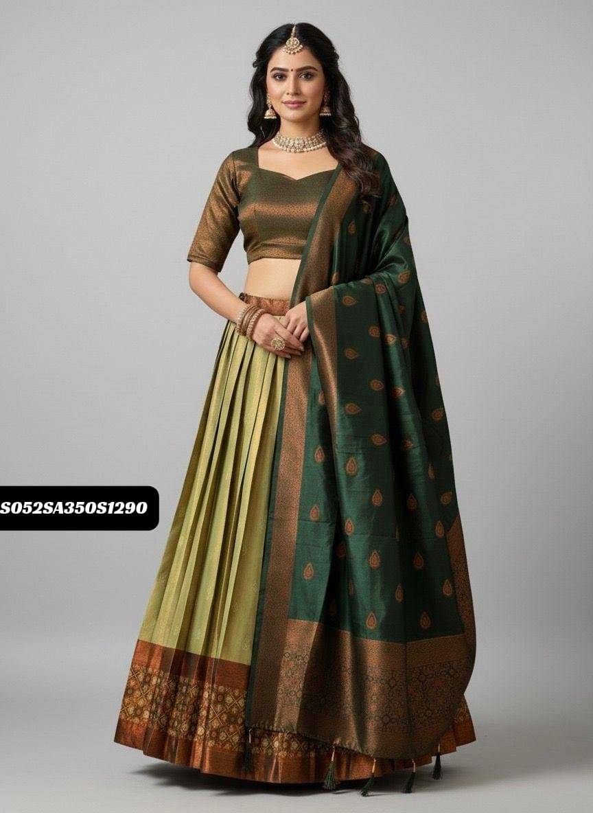 Yellow and Green Pongal Kanjivaram Pure Zari Half Saree Lehenga Set